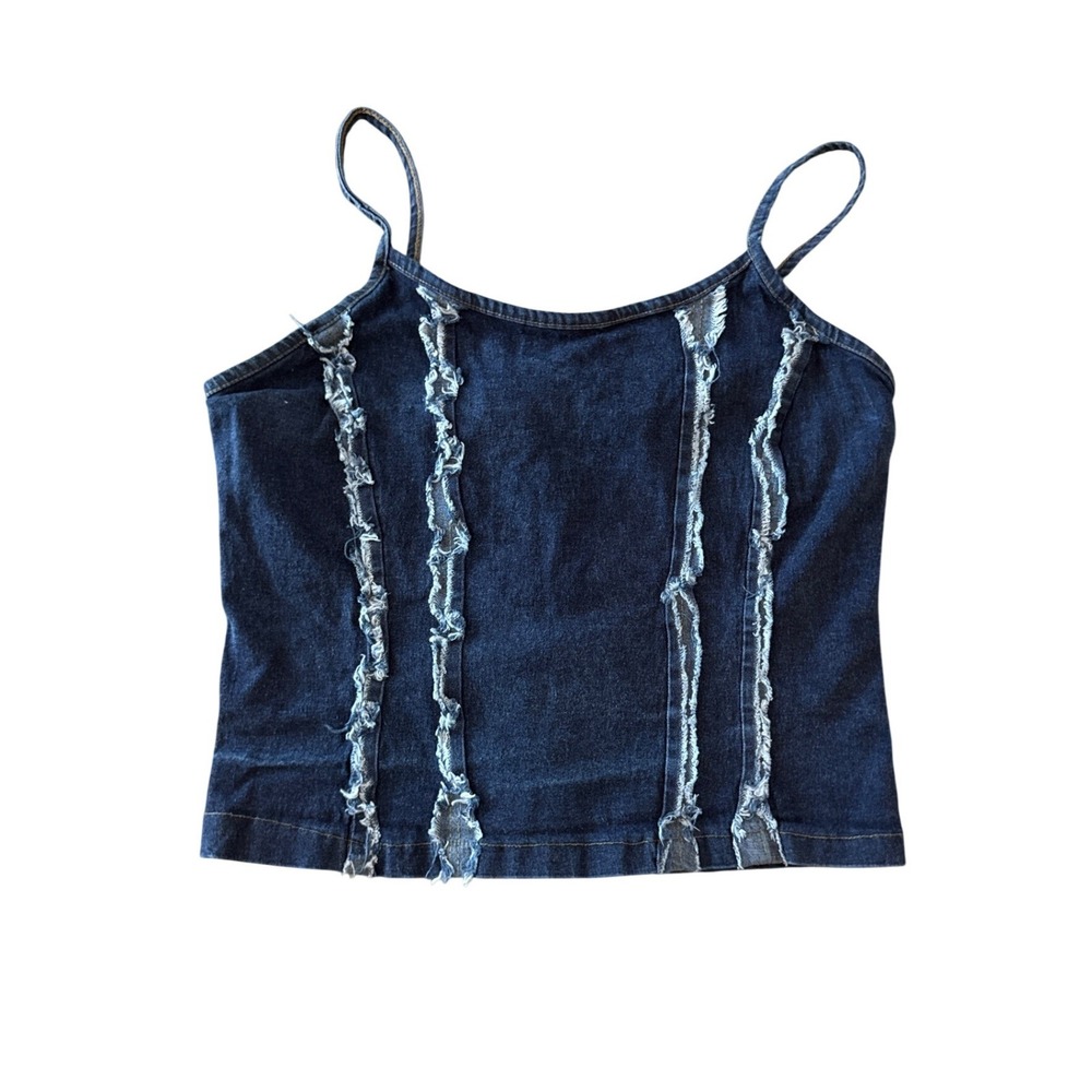 Y2K Denim Cami Top Studio F Frayed Seam 1X Blue Zip Back Corset Style Stretch